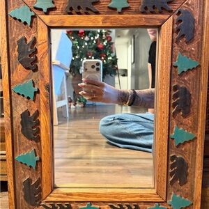 Rustic Woodland Wooden Mirror with Bear and Tree Accents